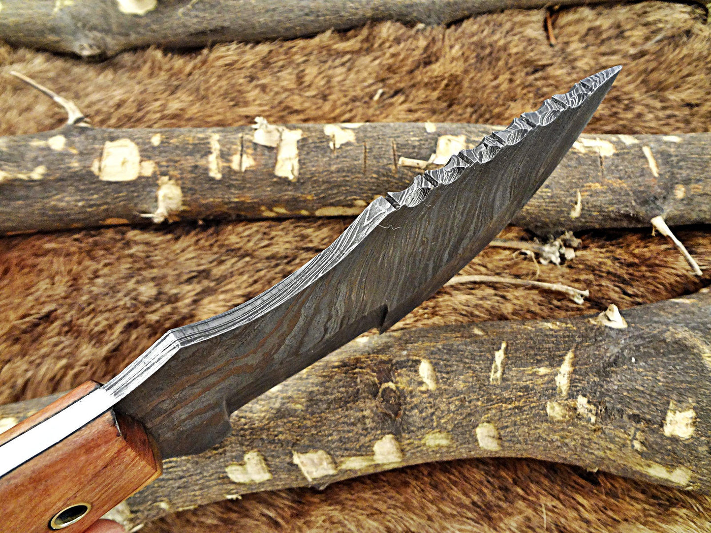 10"Long tracker knife hand forged twist pattern full tang Damascus steel, Natural Rose wood with pipe hole scale, Cow hide leather sheath