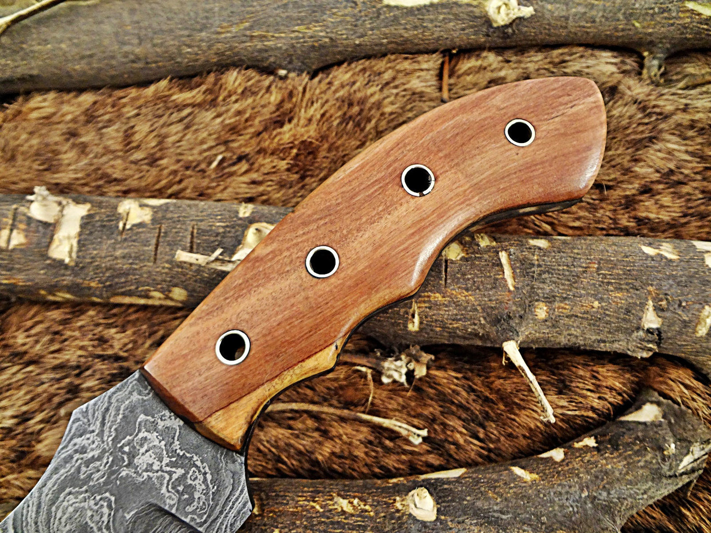10"Long tracker knife hand forged twist pattern full tang Damascus steel, Natural Rose wood with pipe hole scale, Cow hide leather sheath