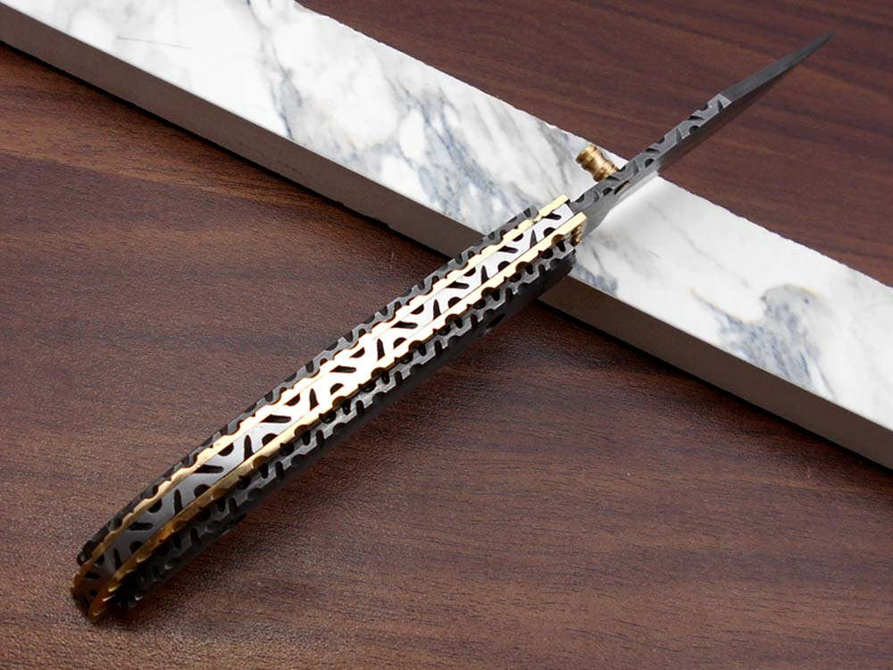 8 Inches long Folding Knife custom made Damascus steel and engraved brass scale 3.7" Hand Forged blade blue exotic leather sheath With loop