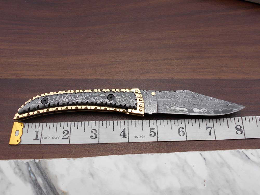 8 Inches long Folding Knife custom made Damascus steel and engraved brass scale 3.7" Hand Forged blade blue exotic leather sheath With loop