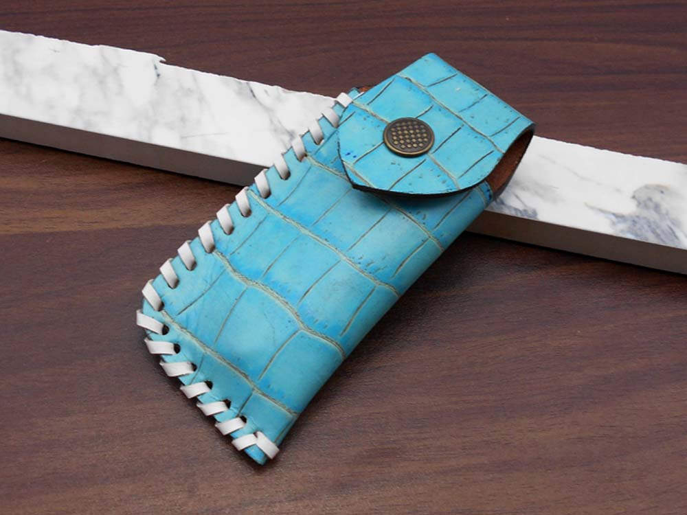 8 Inches long Folding Knife custom made Damascus steel and engraved brass scale 3.7" Hand Forged blade blue exotic leather sheath With loop