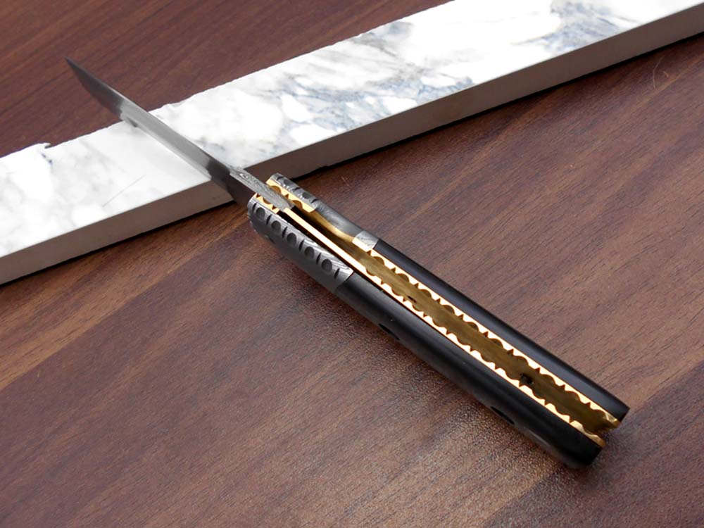 7.5" long Damascus steel Tanto blade folding knife, 6 natural scale with Damascus bolster, cow leather sheath W/ belt loop included