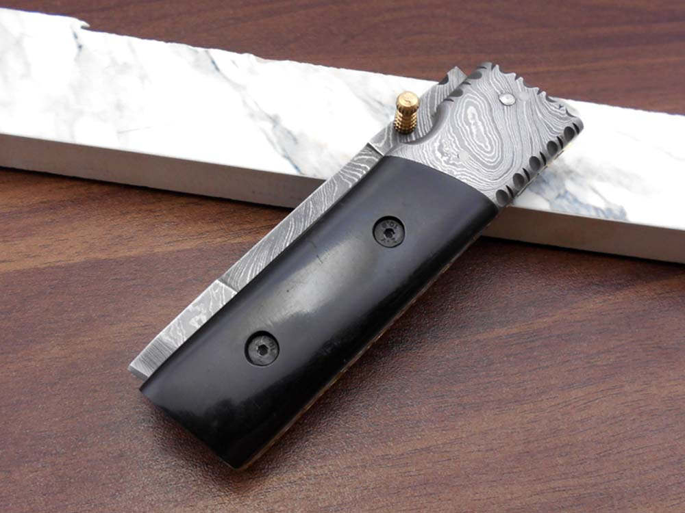 7.5" long Damascus steel Tanto blade folding knife, 6 natural scale with Damascus bolster, cow leather sheath W/ belt loop included
