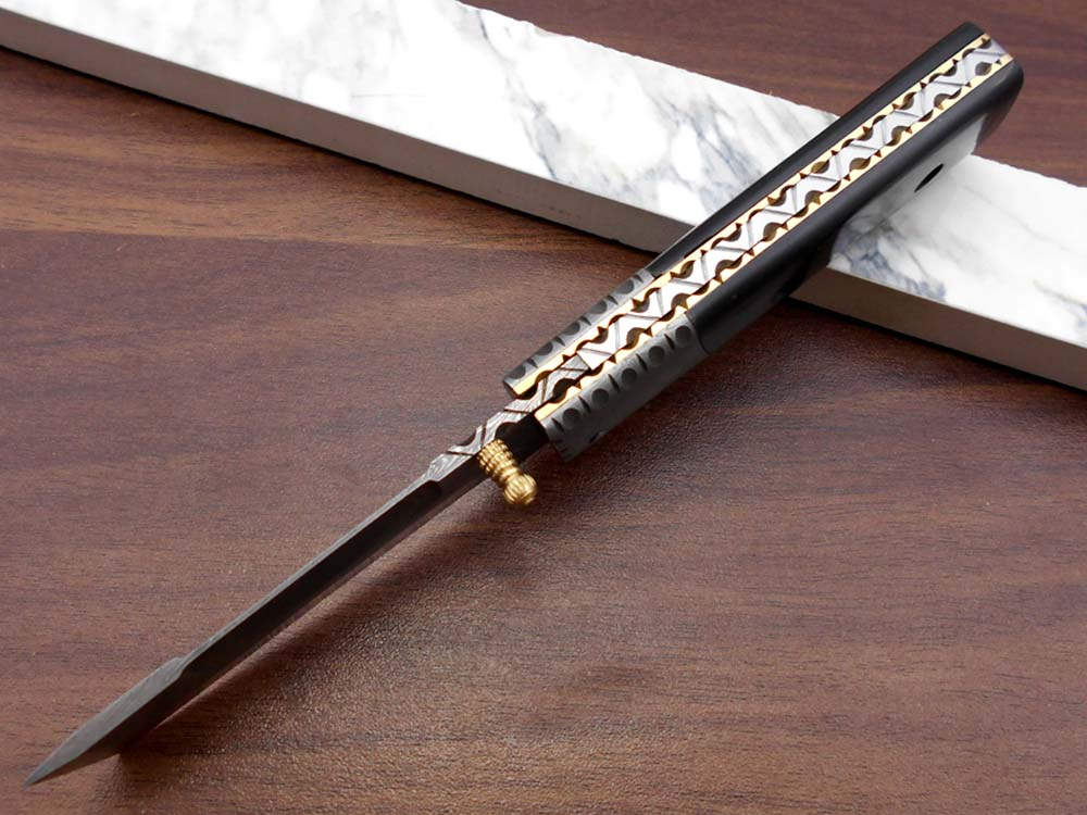 7.5" long Damascus steel Tanto blade folding knife, 6 natural scale with Damascus bolster, cow leather sheath W/ belt loop included