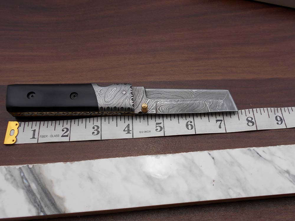 7.5" long Damascus steel Tanto blade folding knife, 6 natural scale with Damascus bolster, cow leather sheath W/ belt loop included