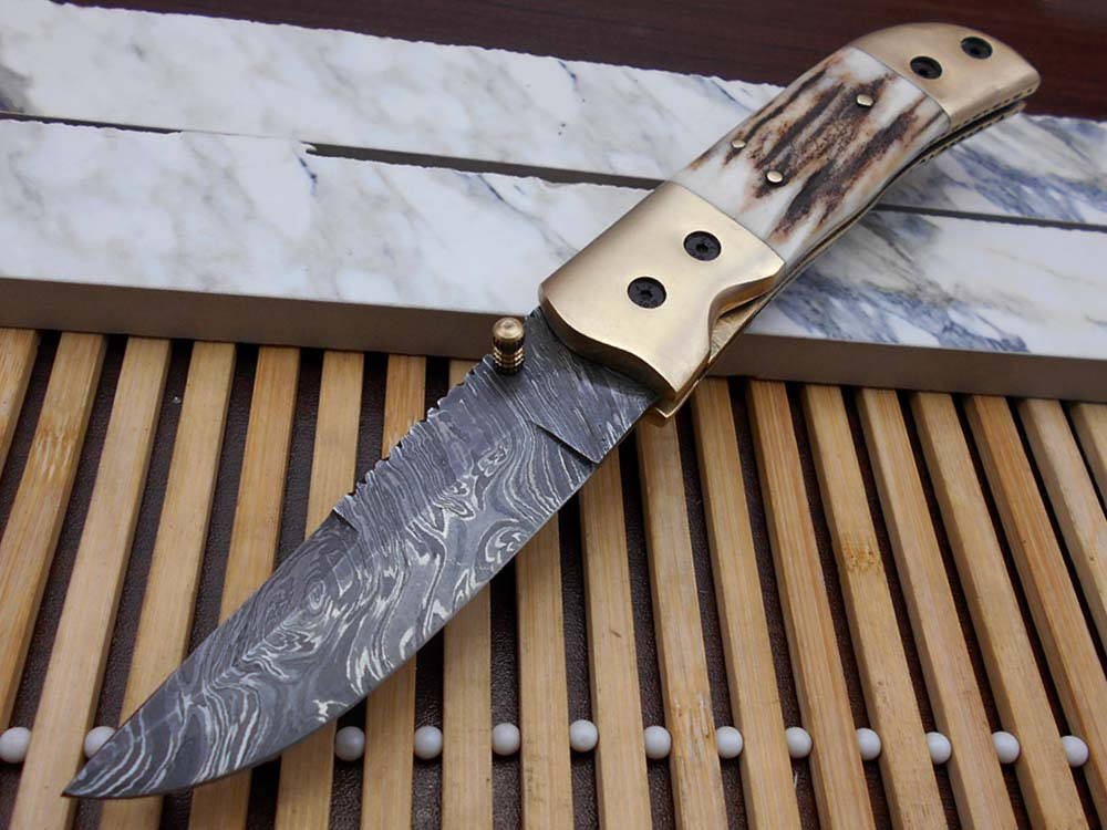 Stag antler scale Hand Forged Damascus steel 8.2" long Folding Knife with pocket clip,Brass bolster, thumb knob, cow hide leather sheath