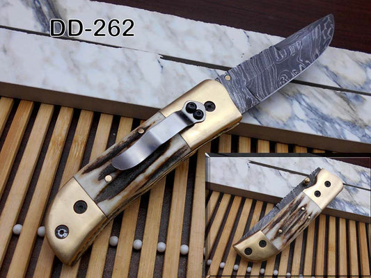 Stag antler scale Hand Forged Damascus steel 8.2" long Folding Knife with pocket clip,Brass bolster, thumb knob, cow hide leather sheath