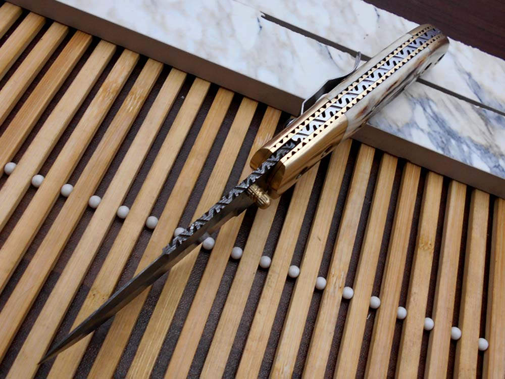 Stag antler scale Hand Forged Damascus steel 8.2" long Folding Knife with pocket clip,Brass bolster, thumb knob, cow hide leather sheath