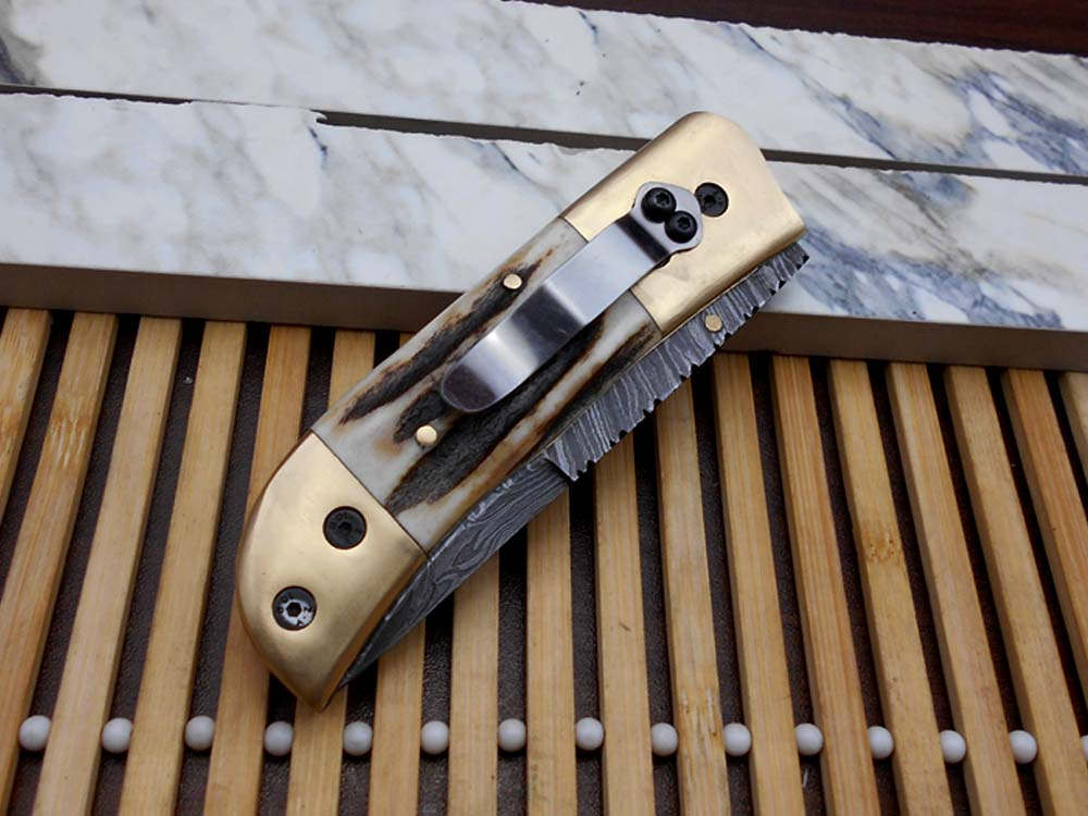 Stag antler scale Hand Forged Damascus steel 8.2" long Folding Knife with pocket clip,Brass bolster, thumb knob, cow hide leather sheath