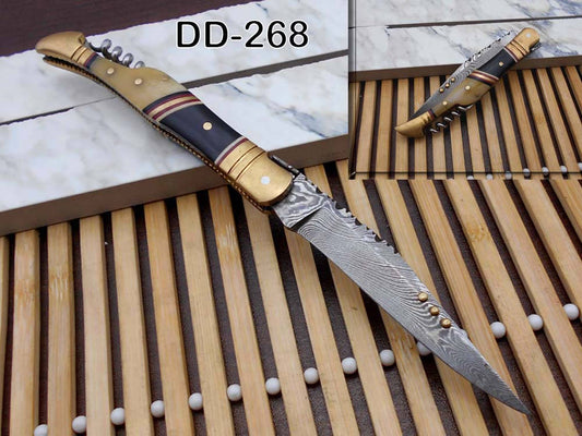 8 Inches long Damascus steel Hand Forged Folding Knife W/wine opener, Bull horn camel bone & brass scale, Cowleather sheath With loop