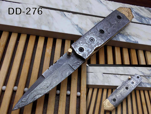 Damascus steel 7.5" long Folding Knife Damascus with engraved brass & steel scale, custom made 3" Hand Forged blade cow hide leather sheath