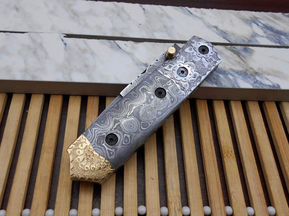 Damascus steel 7.5" long Folding Knife Damascus with engraved brass & steel scale, custom made 3" Hand Forged blade cow hide leather sheath