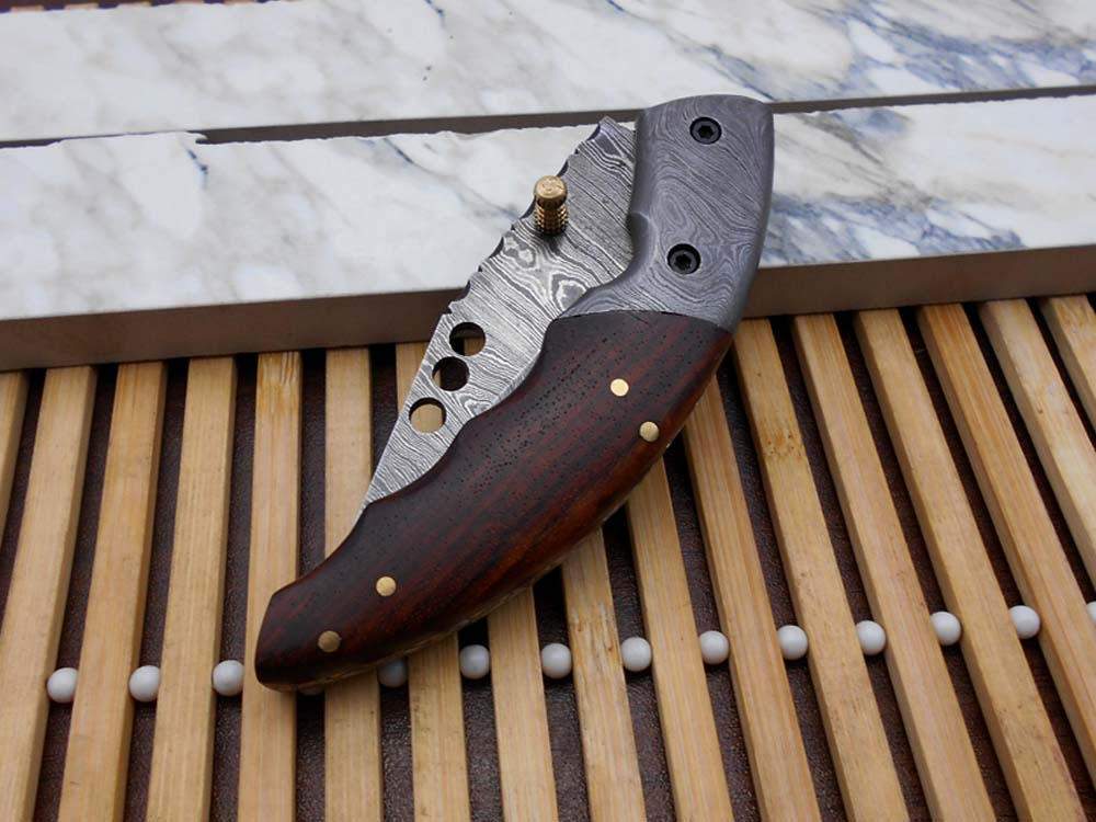 Damascus steel 7" long Folding Knife, Available in 3 scales with bolster, 3" Hand Forged legal blade with 3 inserting holes, Cow hide leather sheath included