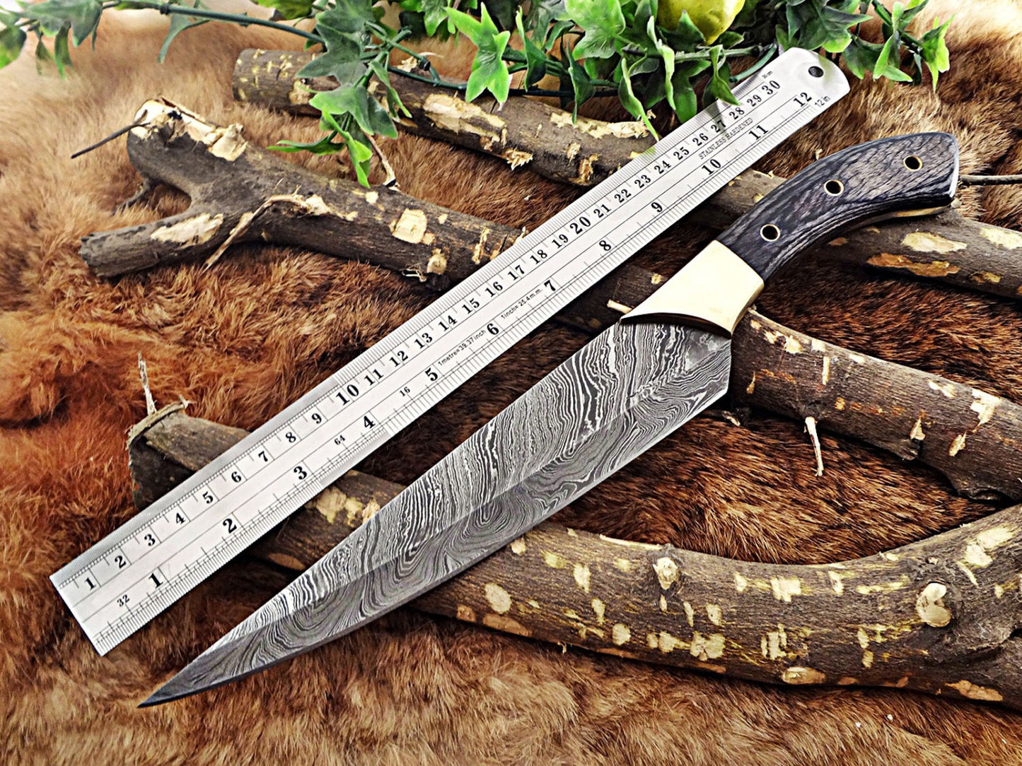 13.5 Inches long custom made Damascus steel slicer kitchen chef Knife 8" full tang blade Black Dollar Wood scale with brass bolster