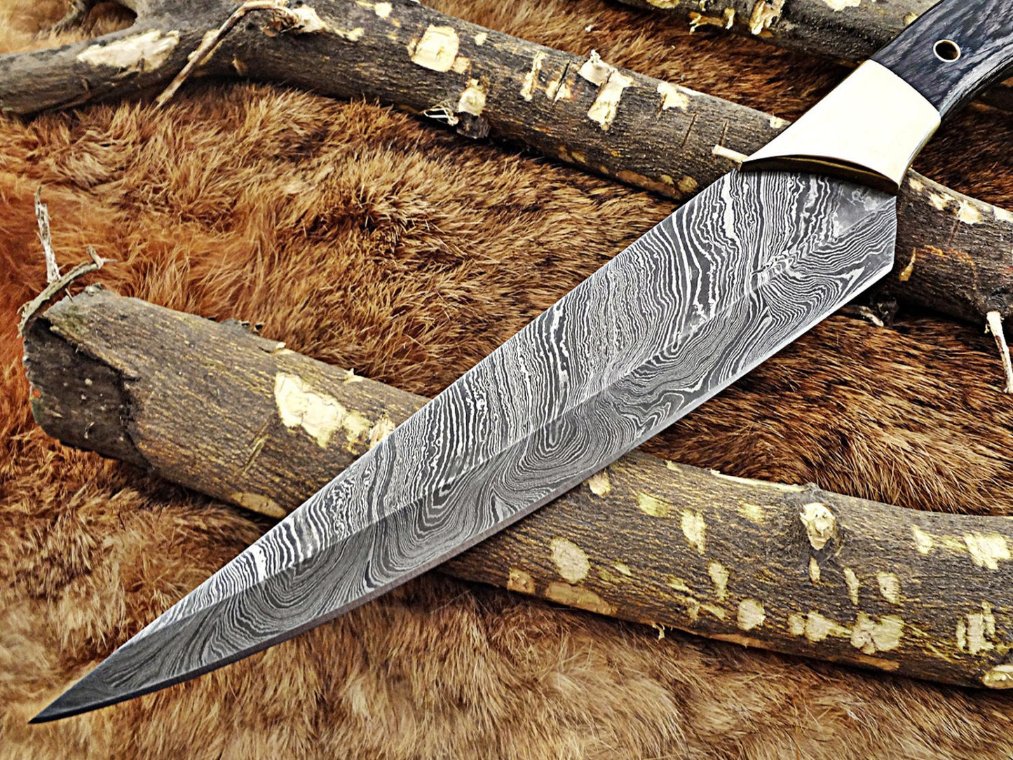 13.5 Inches long custom made Damascus steel slicer kitchen chef Knife 8" full tang blade Black Dollar Wood scale with brass bolster
