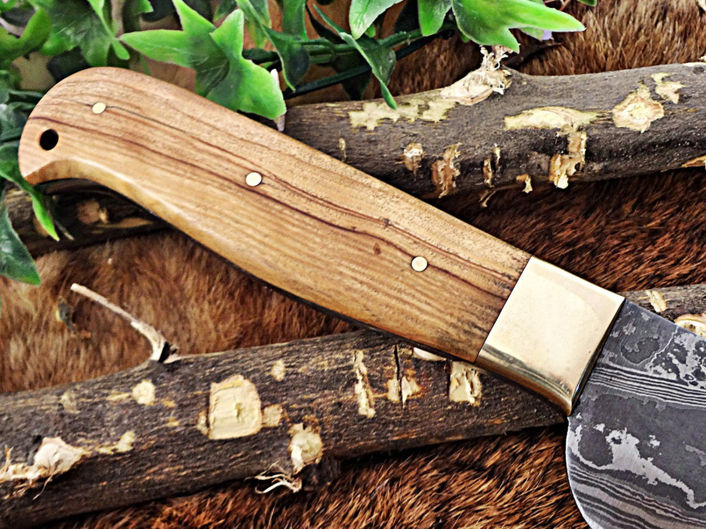 12 Inches long custom made Damascus steel full tang butcher Knife 7" full tang blade blade Natural Kow wood scale with brass bolster