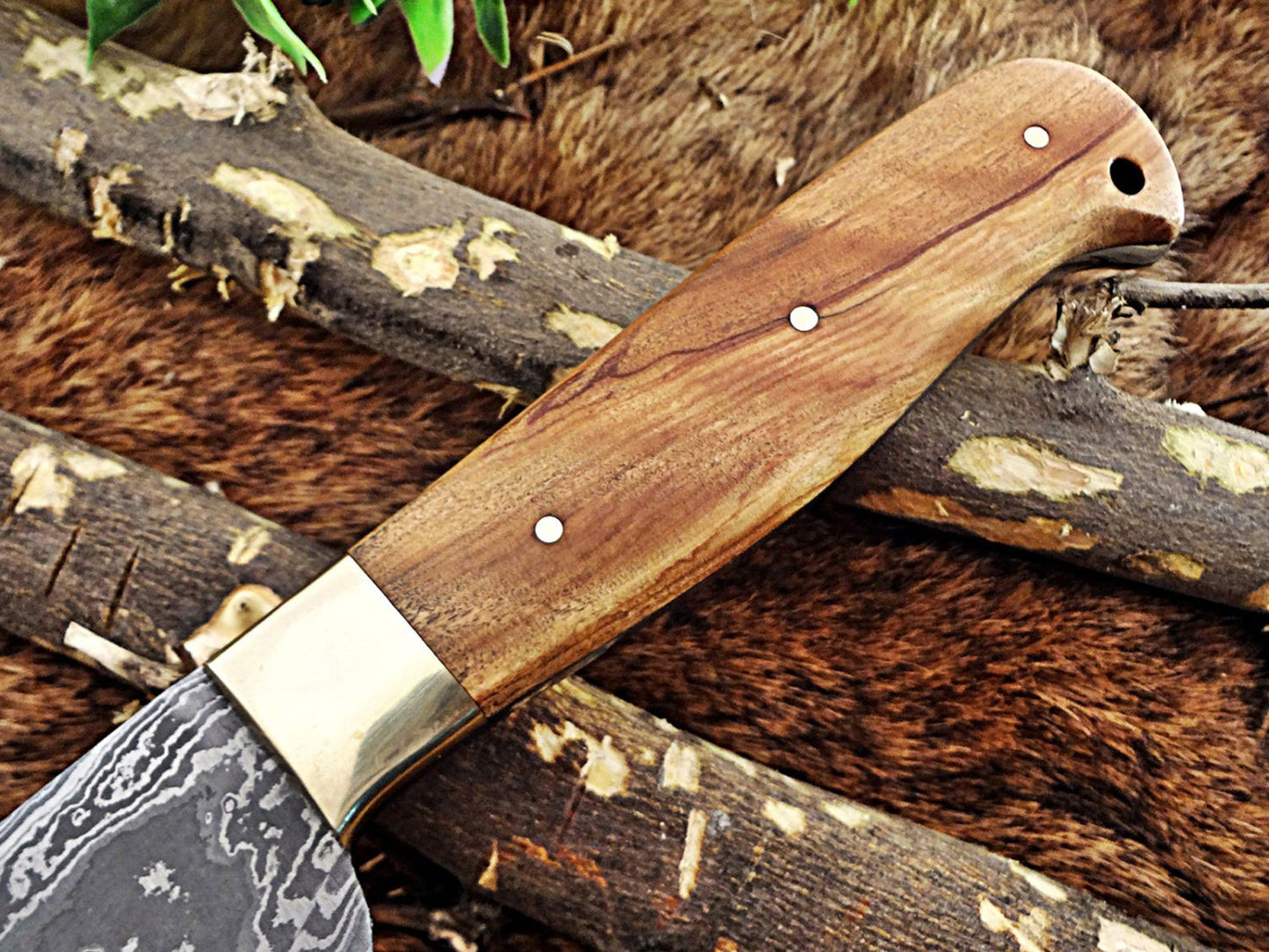 12 Inches long custom made Damascus steel full tang butcher Knife 7" full tang blade blade Natural Kow wood scale with brass bolster