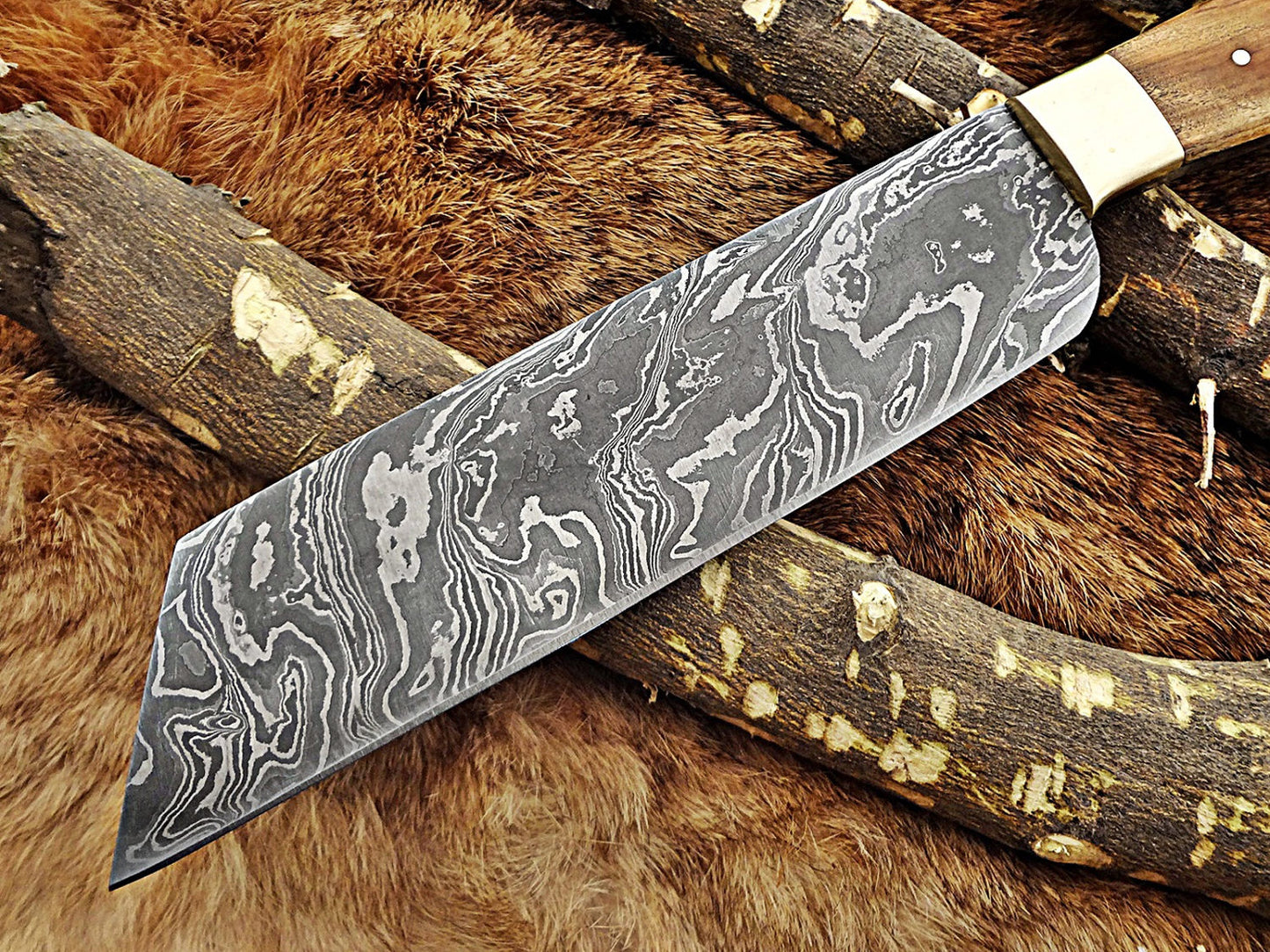 12 Inches long custom made Damascus steel full tang butcher Knife 7" full tang blade blade Natural Kow wood scale with brass bolster