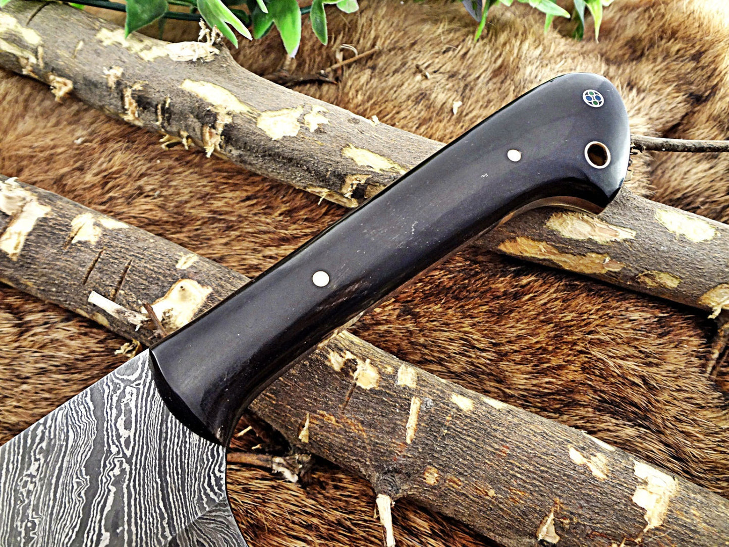 Damascus steel chopper chef cleaver Knife 10 Inches long custom made full tang 6" blade Buffalo Horn scale with inserting hole