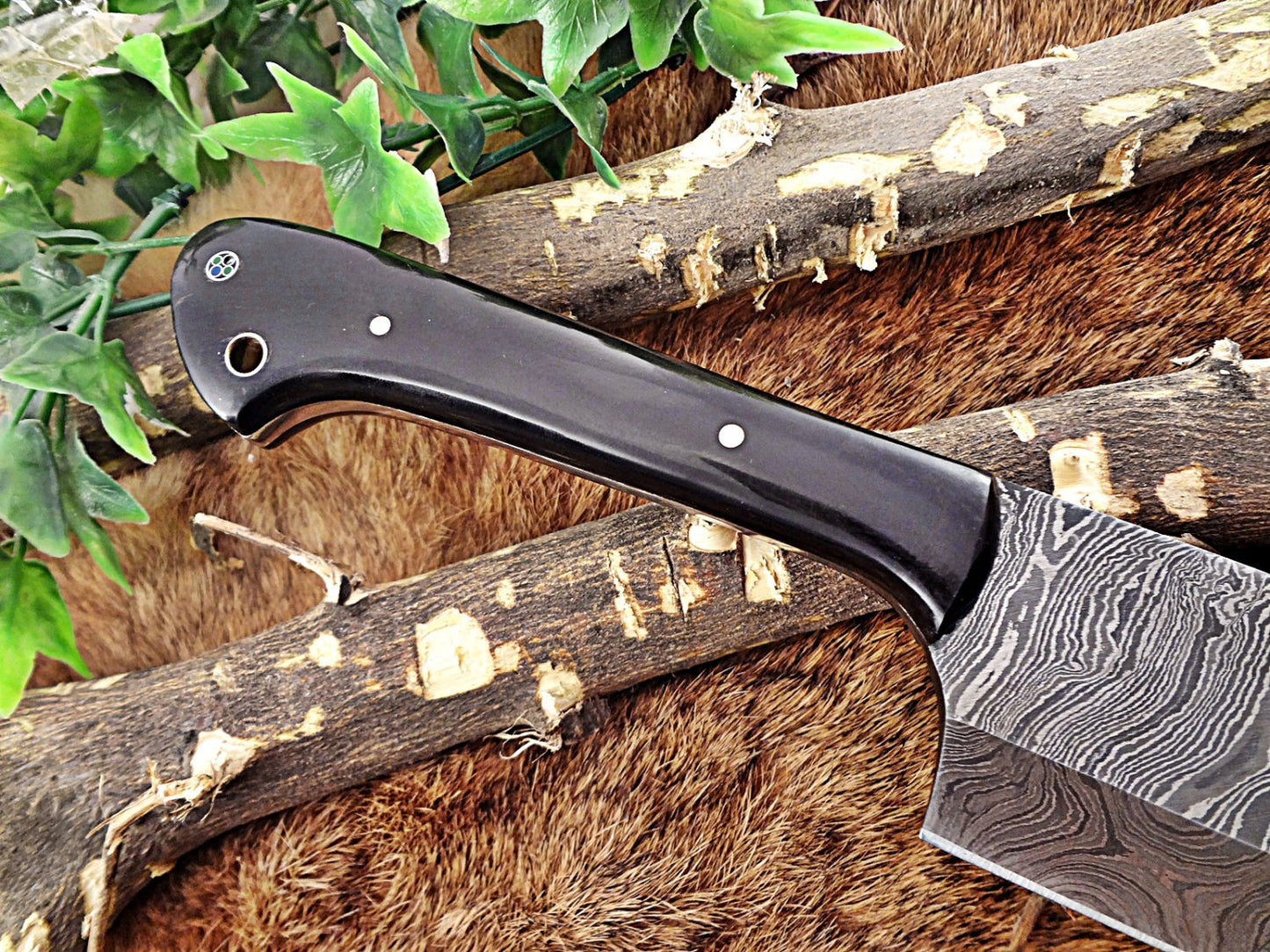 Damascus steel chopper chef cleaver Knife 10 Inches long custom made full tang 6" blade Buffalo Horn scale with inserting hole