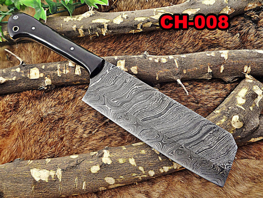 Damascus steel chopper chef cleaver Knife 10 Inches long custom made full tang 6" blade Buffalo Horn scale with inserting hole