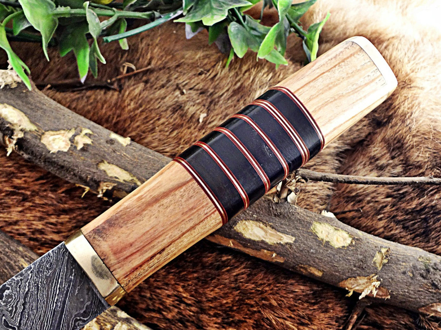 14 Inches long custom made Damascus steel chef Knife 9" full tang blade Kow wood scale with brass spacer and bull horn round scale