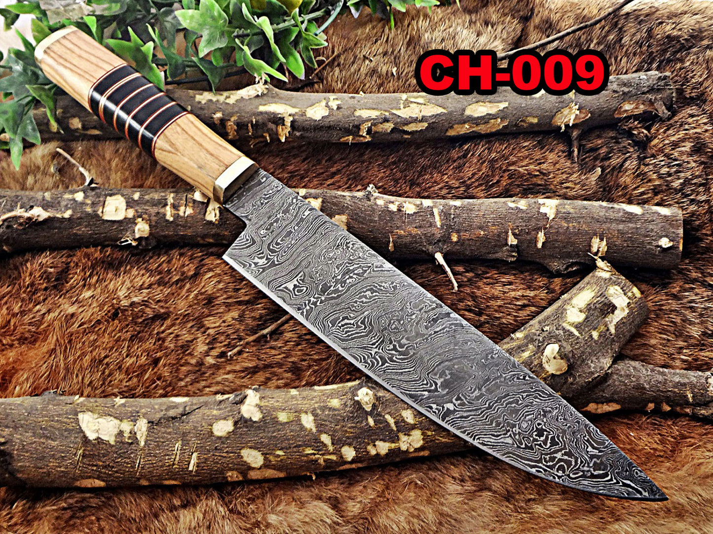 14 Inches long custom made Damascus steel chef Knife 9" full tang blade Kow wood scale with brass spacer and bull horn round scale