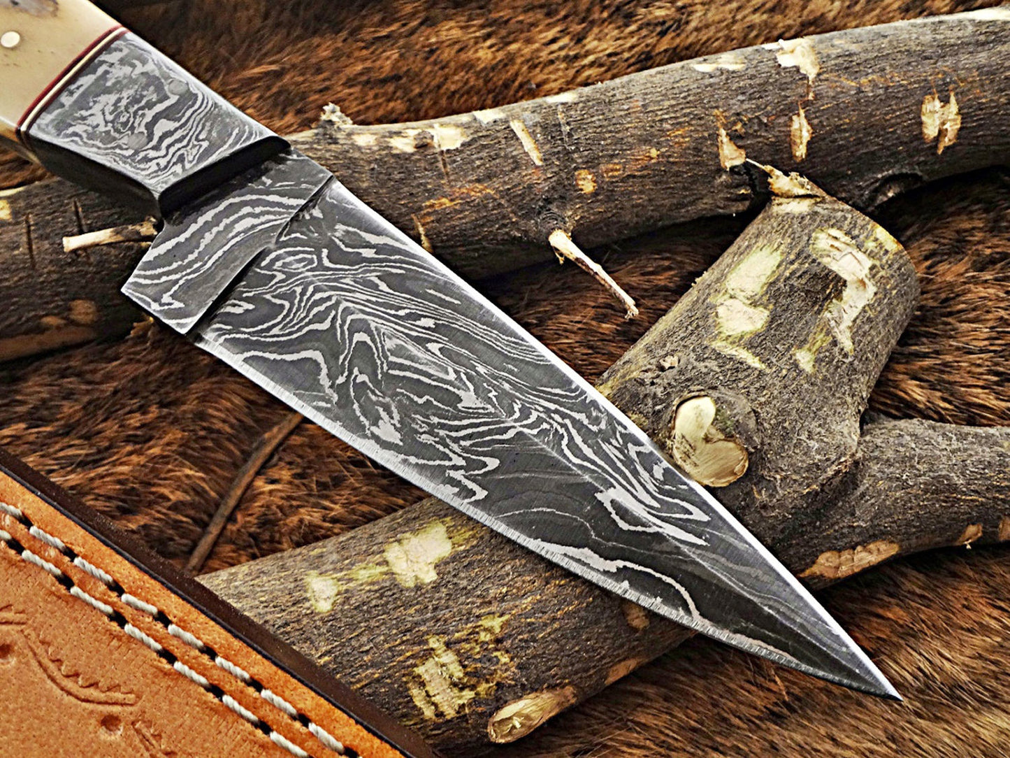 9 " Long hand forged Damascus steel full tang skinning Knife, Natural camel Bone and Buffalo Horn scale with Bolster Cow hide Leather sheath