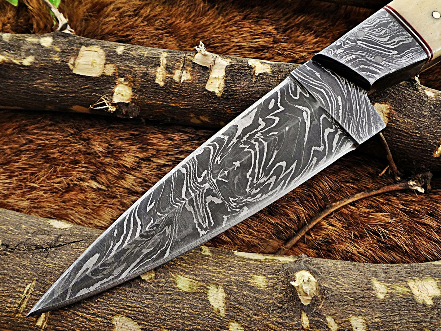 9 " Long hand forged Damascus steel full tang skinning Knife, Natural camel Bone and Buffalo Horn scale with Bolster Cow hide Leather sheath