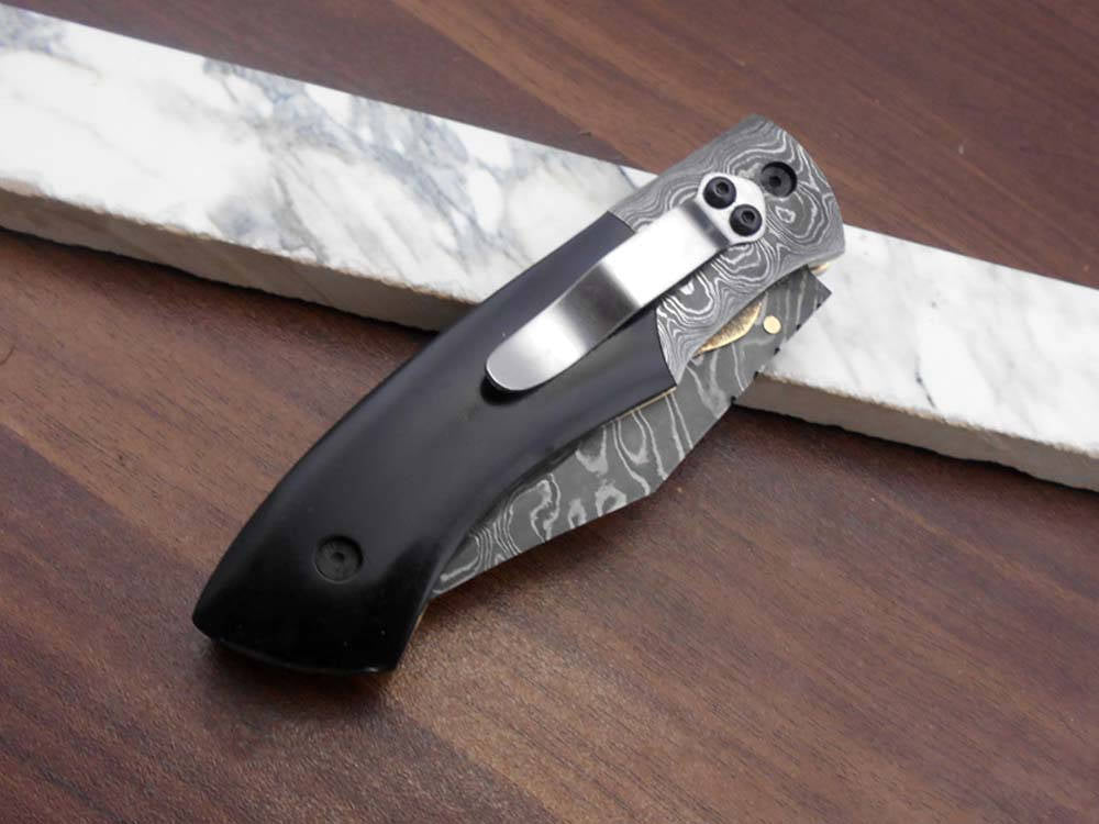 8.5" long hand forged custom made Damascus steel pocket clip folding knife, available in 4 scales options with Damascus Bolster, Comes with Cow hide leather sheath