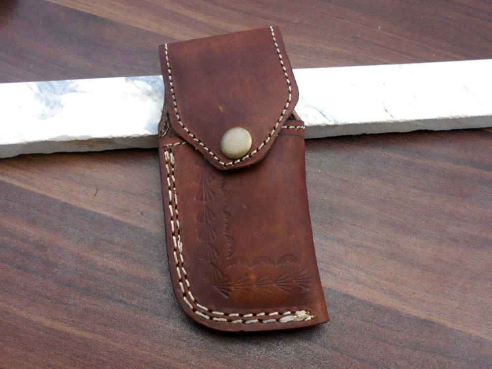 8.5" long hand forged custom made Damascus steel pocket clip folding knife, available in 4 scales options with Damascus Bolster, Comes with Cow hide leather sheath