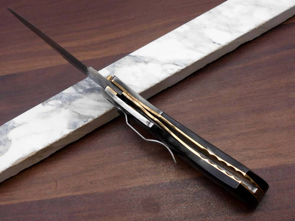 8.5" long hand forged custom made Damascus steel pocket clip folding knife, available in 4 scales options with Damascus Bolster, Comes with Cow hide leather sheath