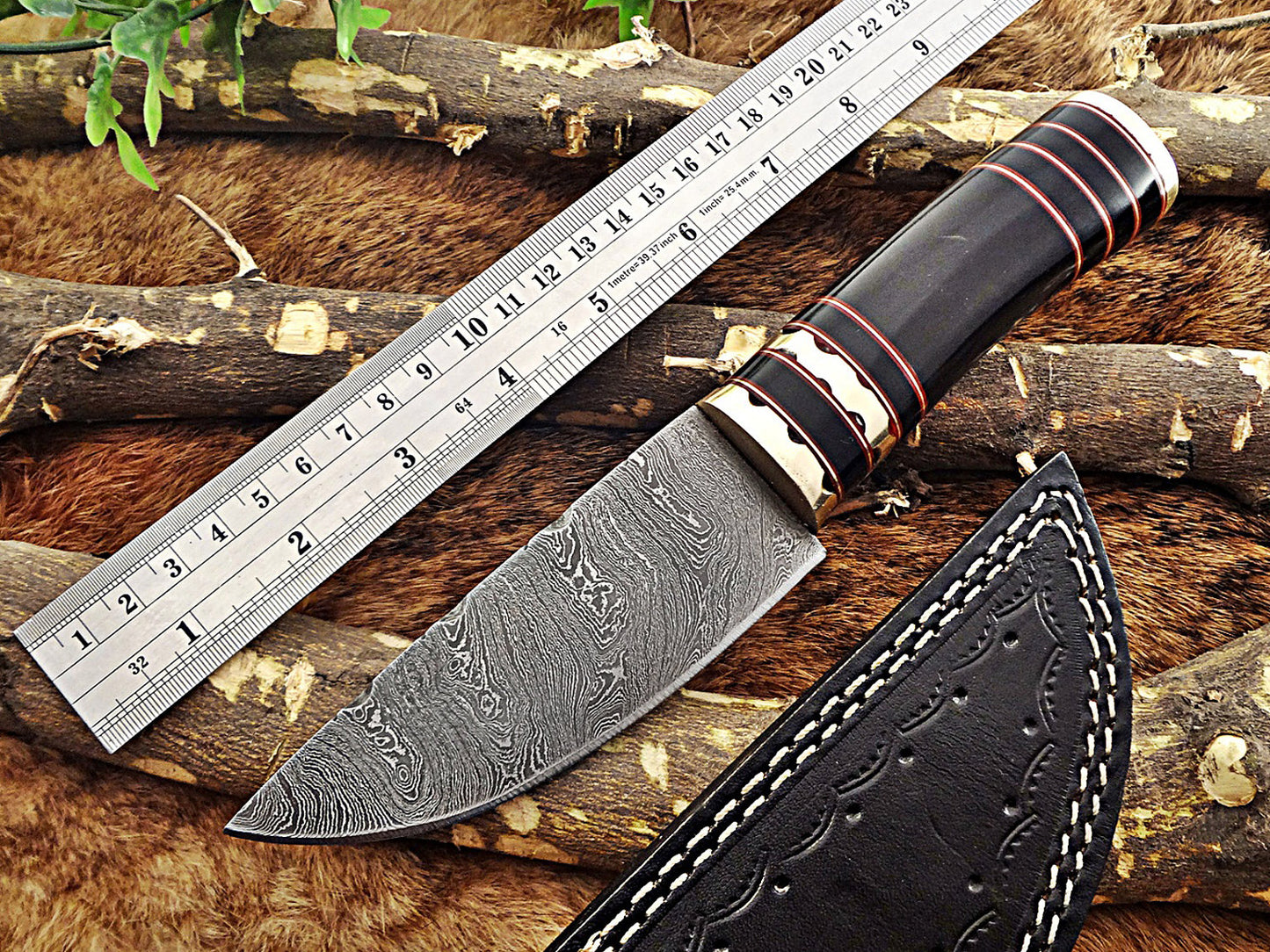 9" Long hand forged Damascus steel Knife, Buffalo Horn round scale with engraved Brass and fiber spacing, cow hide Leather sheath