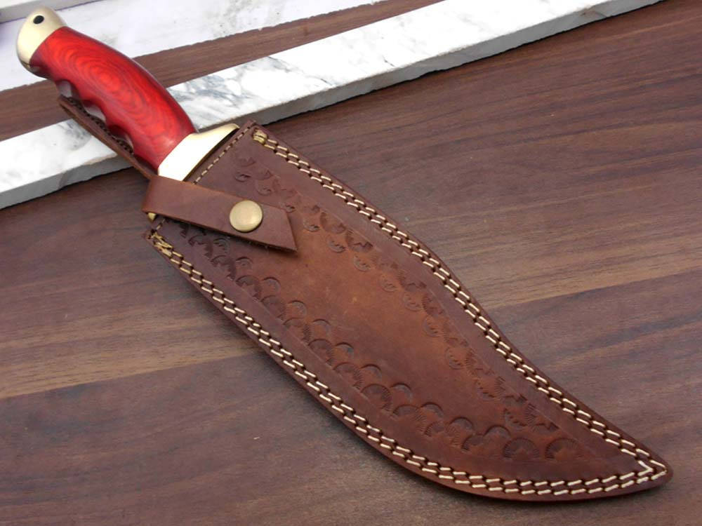 13.5 Inches long Damascus steel custom made hunting Knife, 2 tone Red wood scale with brass finger guard and cap cow hide leather sheath