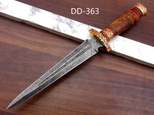 12.2" Long Damascus Dagger hand forged Knife 6.2" dual edge exotic Rose wood scale crafted with engraved brass work and fiber spacing