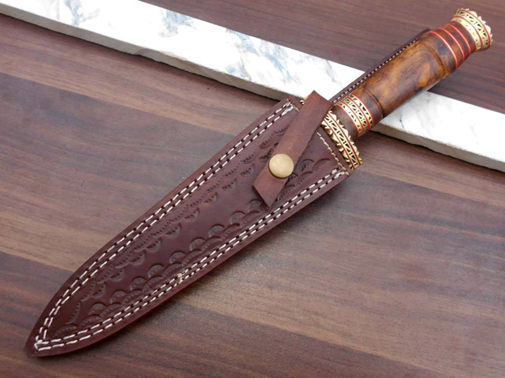 12.2" Long Damascus Dagger hand forged Knife 6.2" dual edge exotic Rose wood scale crafted with engraved brass work and fiber spacing