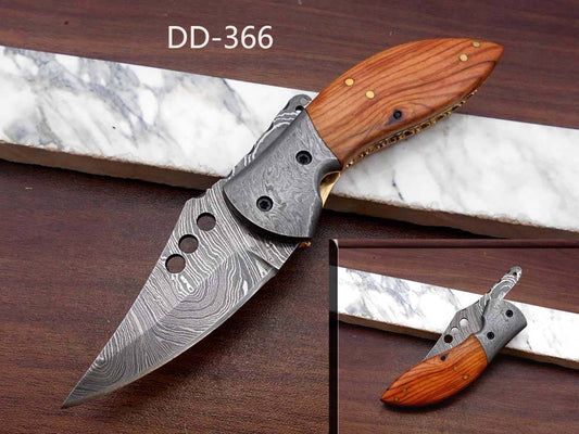7" long Hand Forged Damascus steel blade Folding Knife, 1 hand opening , Rose wood & Damascus bolster scale, cow hide leather sheath