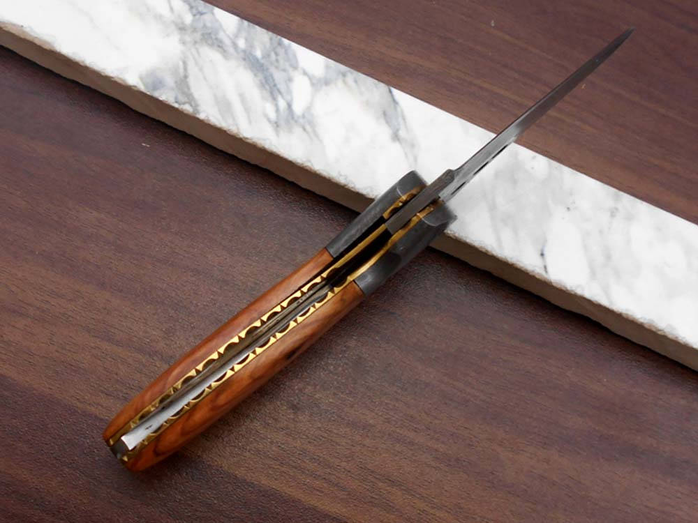 7" long Hand Forged Damascus steel blade Folding Knife, 1 hand opening , Rose wood & Damascus bolster scale, cow hide leather sheath