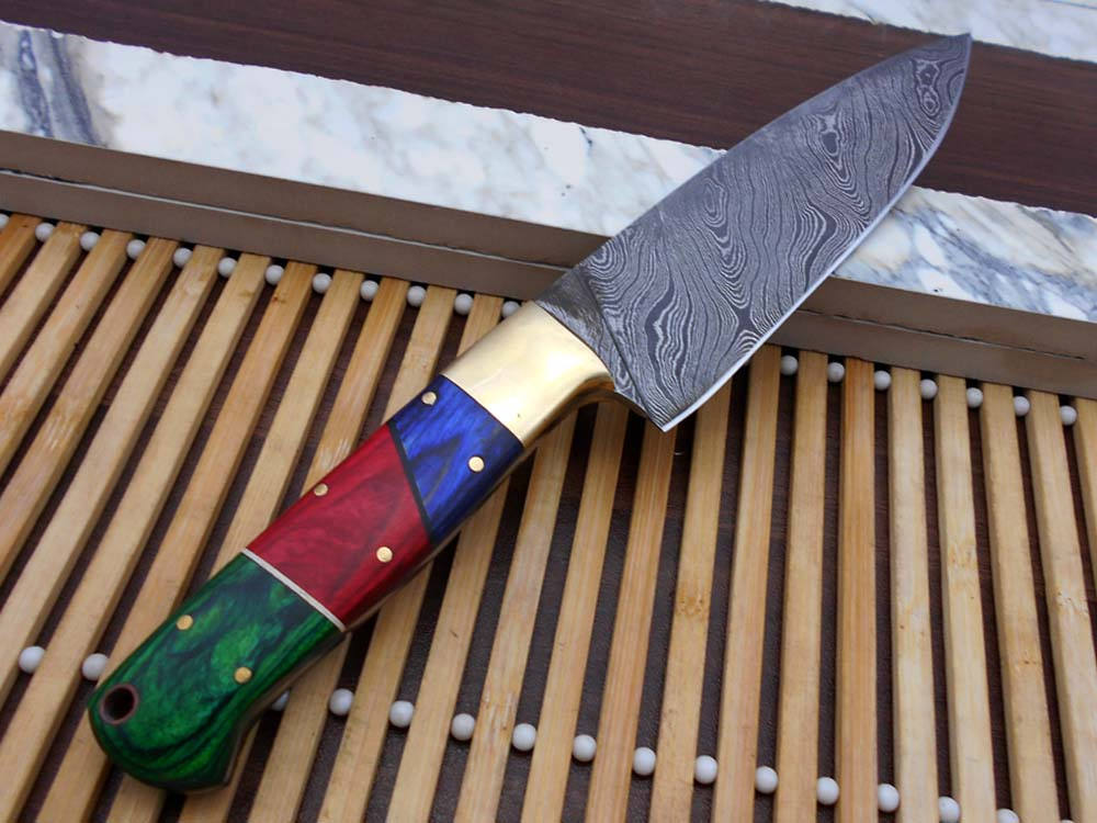9.5 Inches long custom made Damascus steel full tang 5.5" blade Chef Knife, Multi color wood scale with brass bolster, Cow Leather sheath