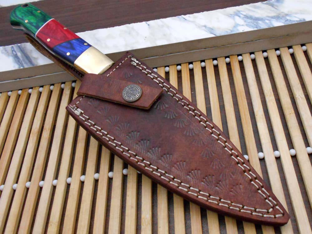 9.5 Inches long custom made Damascus steel full tang 5.5" blade Chef Knife, Multi color wood scale with brass bolster, Cow Leather sheath