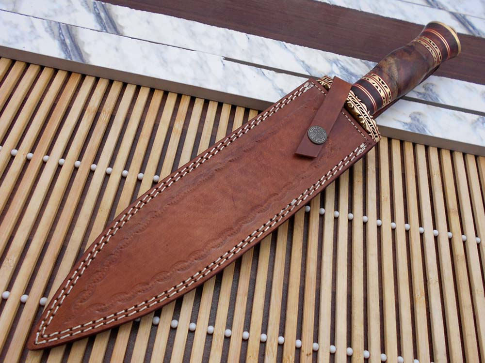 15 Inches long custom made Hand Forged Damascus Steel dagger Knife With 8" blade, Natural wood with engraved brass scale cow leather sheath