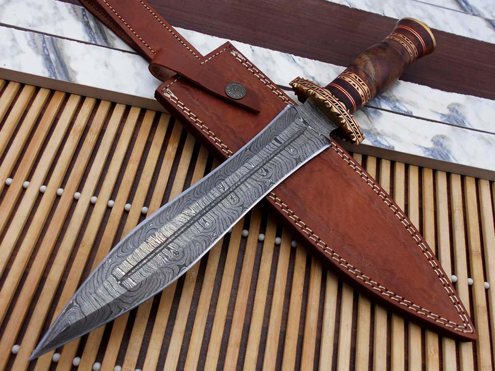 15 Inches long custom made Hand Forged Damascus Steel dagger Knife With 8" blade, Natural wood with engraved brass scale cow leather sheath