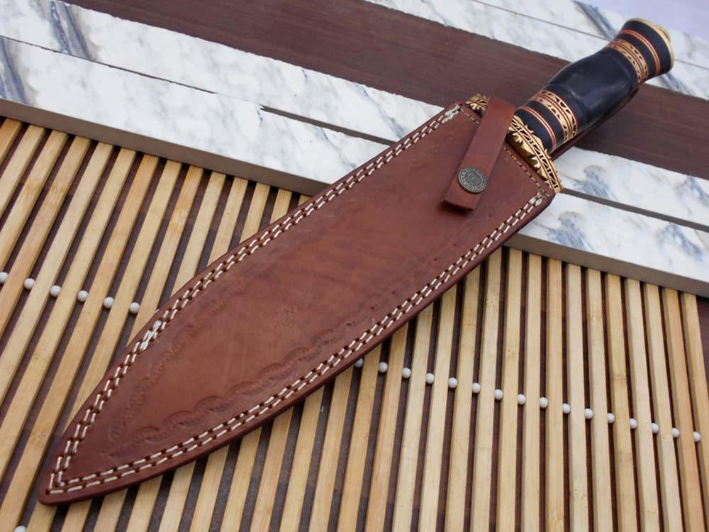 15 Inches long custom made Hand Forged Damascus Steel dagger Knife With 9" blade, exotic engraved brass & bull horn scale cow leather sheath