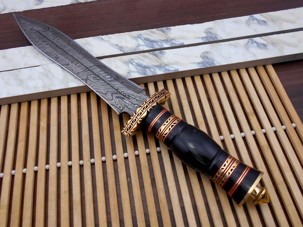 15 Inches long custom made Hand Forged Damascus Steel dagger Knife With 9" blade, exotic engraved brass & bull horn scale cow leather sheath