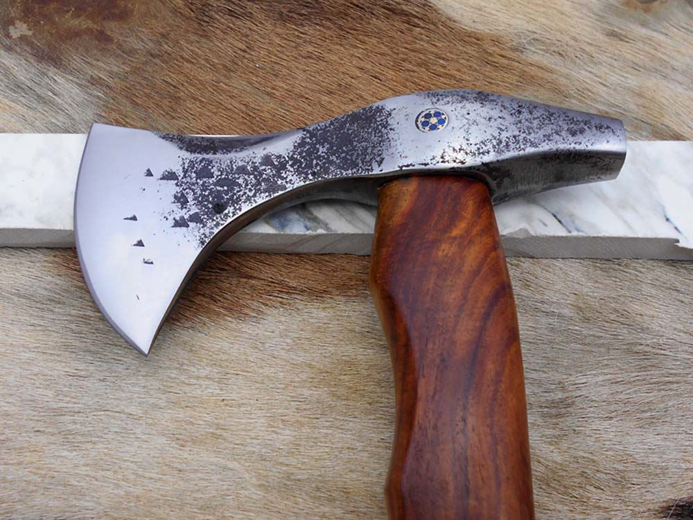 tomahawk Axe bearded hiking battle axe 14 Inches long Hand Forged Carbon steel with Rose wood round handle, thick cow hide leather sheath