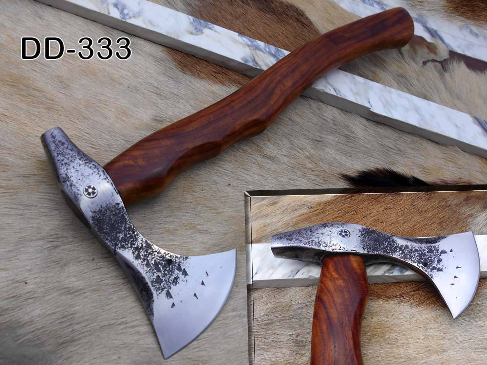 tomahawk Axe bearded hiking battle axe 14 Inches long Hand Forged Carbon steel with Rose wood round handle, thick cow hide leather sheath