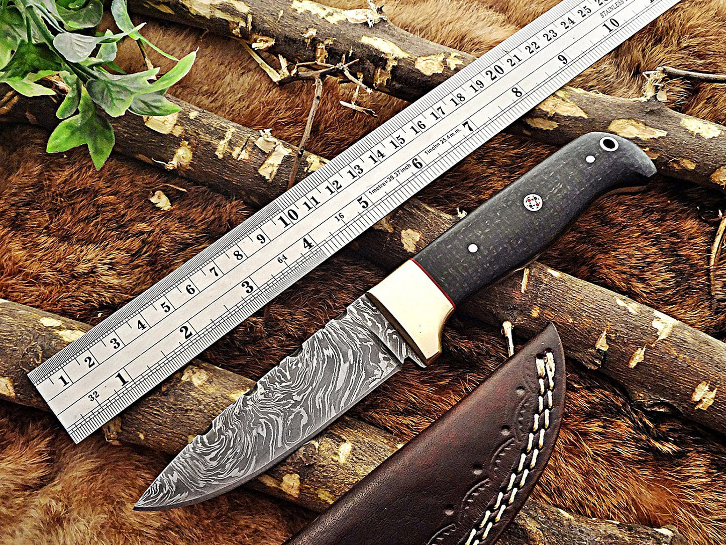 8.5" Long hand forged Damascus steel skinning knife, 4" full tang blade, Solid and 2 tone black scales available, Cow hide Leather sheath included