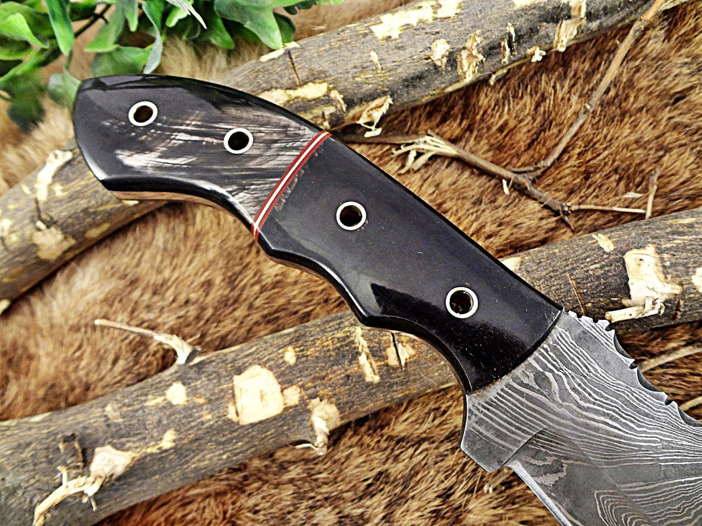 10" Long Damascus steel tracker knife hand forged twist pattern full tang, 2 tone bull horn with holes scale, Cow hide leather sheath