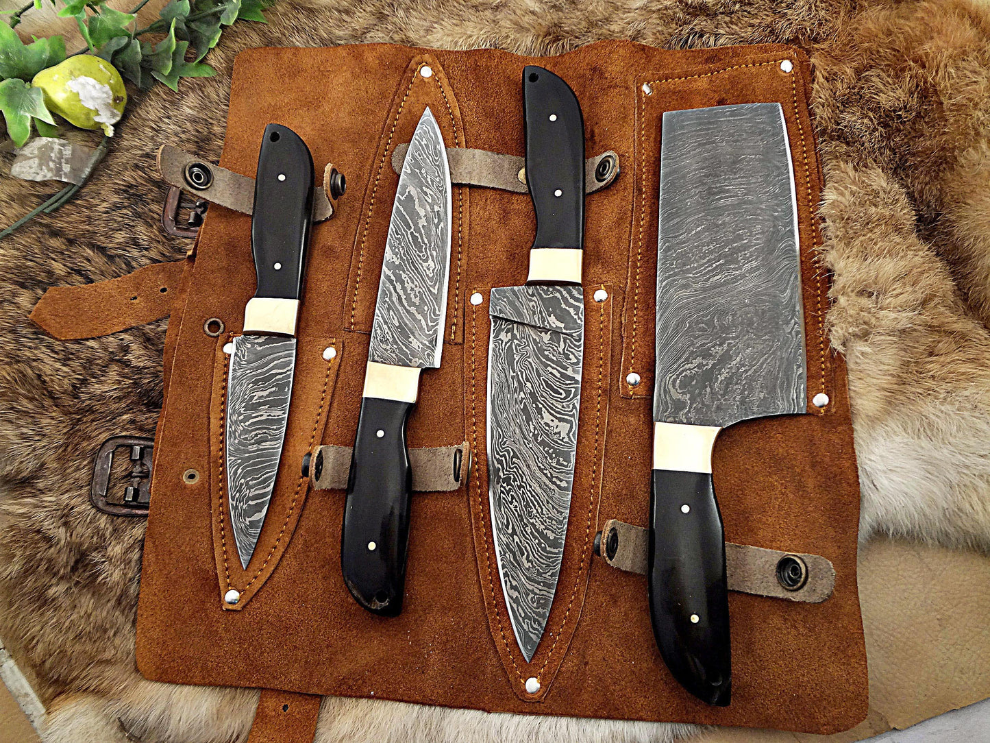 4 pieces chef knives set, Slicer, fillet, cleaver overall 37 inches full tang hand forged Damascus steel blade, custom made leather sheath
