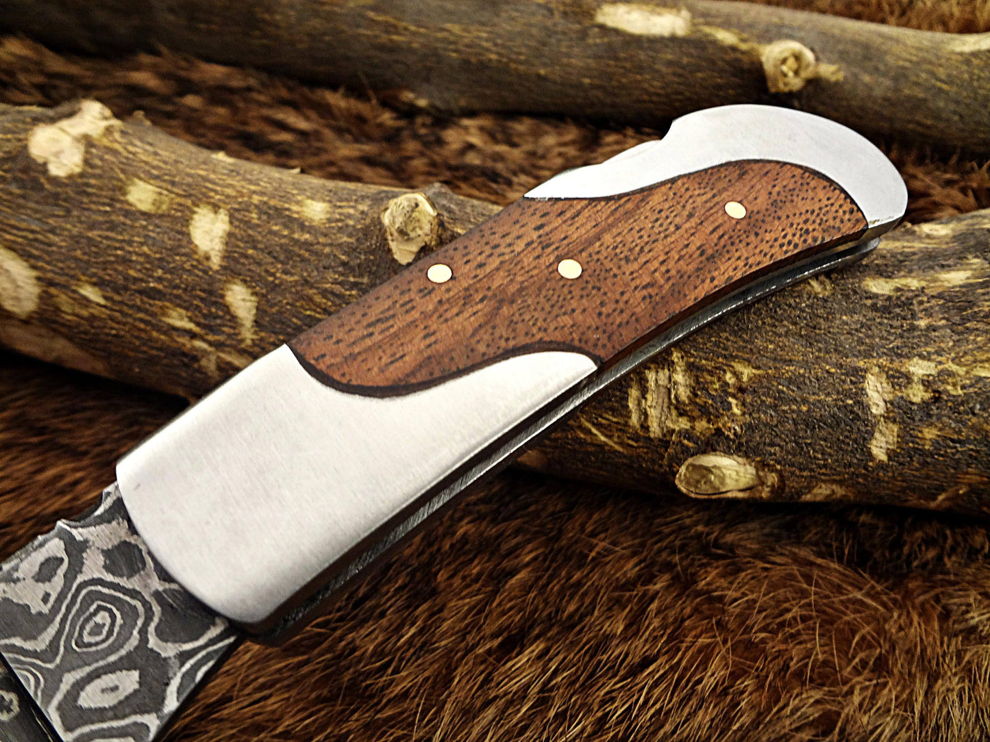 Damascus steel 6.5 " long Folding Knife, Various scales available with steel bolster, 3" Hand Forged blade,  Cow hide leather sheath included